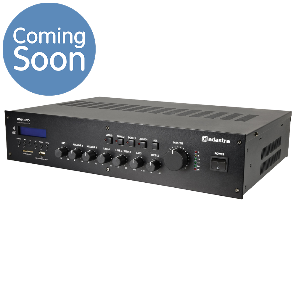 Adastra RM480D 480w 5 channel 100v line mixer amplifier with DAB+, Bluetooth and USB/SD