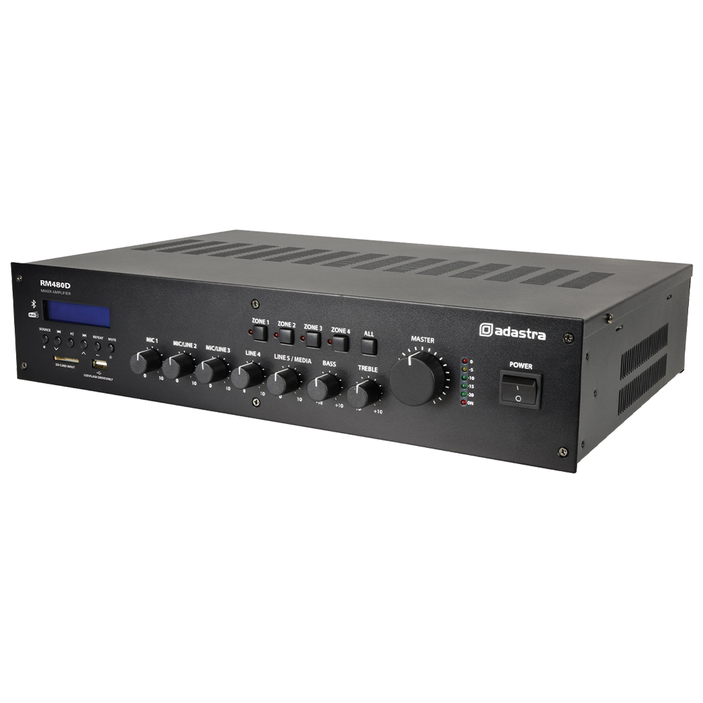 Adastra RM480D 480w 5 channel 100v line mixer amplifier with DAB+, Bluetooth and USB/SD