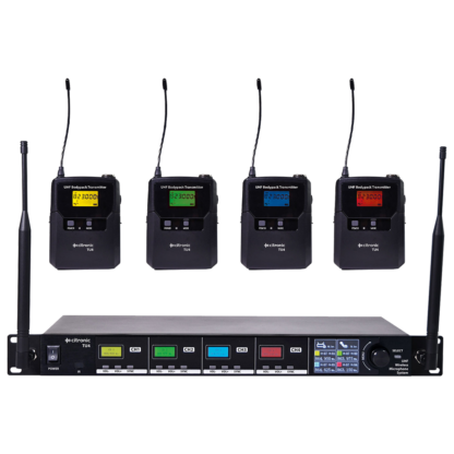 Citronic TU4-N 4 way Ch 65 & 70 UHF wireless microphone system with 4 bodyworn transmitters, 4 x clothing clip microphones and 4 x headworn microphones