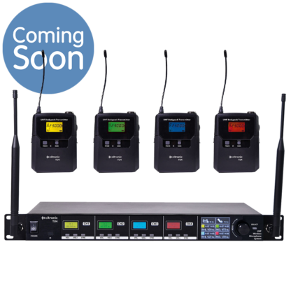 Citronic TU4-N 4 way Ch 65 & 70 UHF wireless microphone system with 4 bodyworn transmitters, 4 x clothing clip microphones and 4 x headworn microphones