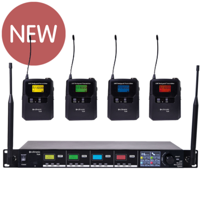 Citronic TU4-N 4 way Ch 65 & 70 UHF wireless microphone system with 4 bodyworn transmitters, 4 x clothing clip microphones and 4 x headworn microphones