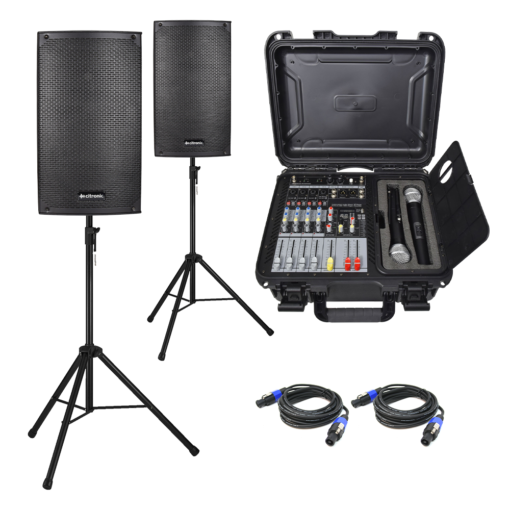 CABFLITE complete portable 600W sound system with two handheld wireless microphones