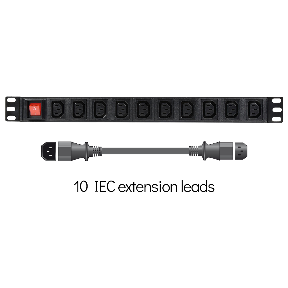 Adastra 1U-PDU-10C13+10IEC-EX 10-gang power distribution unit with ten 1m IEC extension leads